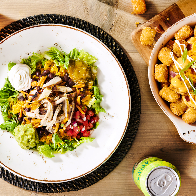 top view of a chicken rice bowl
