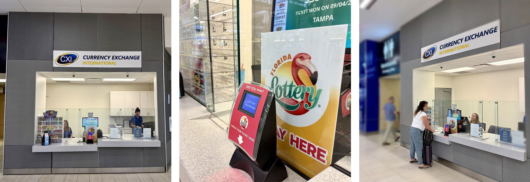 Currency Exchange storefront, Florida Lottery kiosk, currency exchange storefront 3 quarter view