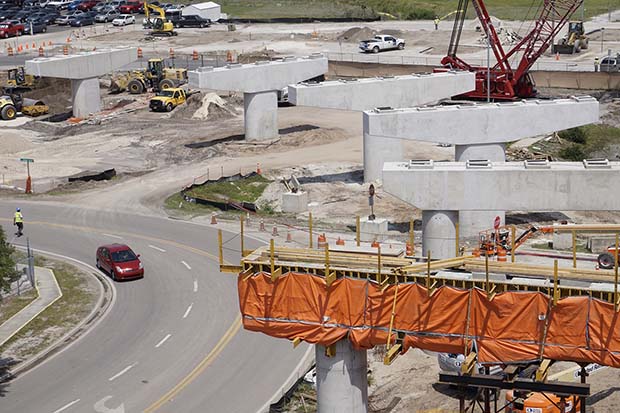 Elevated guideways being installed