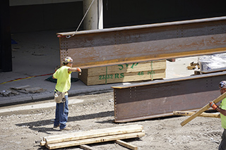 Delivery of big steel beam closeup