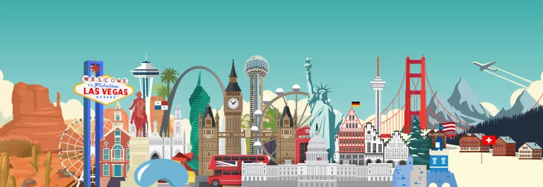 Stylized skyline of popular destination landmarks