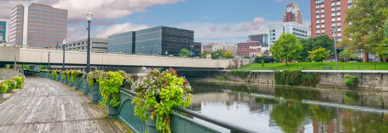 City skyline of Lansing, Michigan along the Grand River