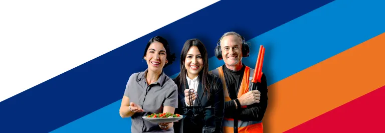 a server holding food, a shop attendant with a small bag, and an airfield working holding a direction light
