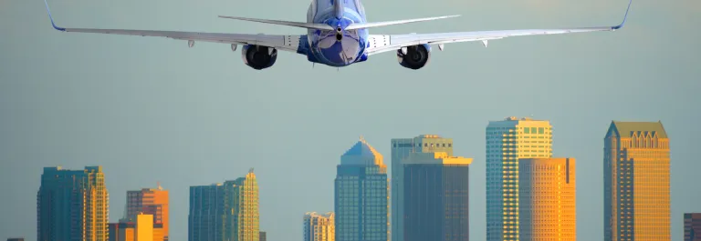 Aircraft with downtown Tampa in background