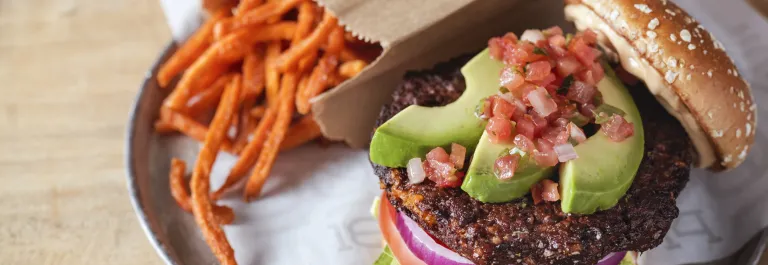 black bean burger with fries 