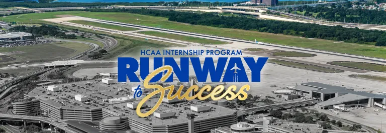 Aerial view of TPA with overlay of logo for HCAA Internship program Runway to Success