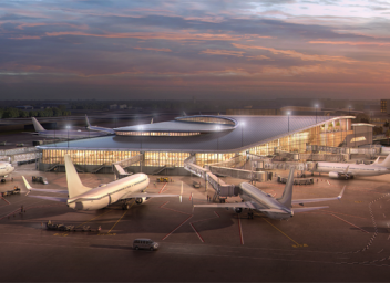 Airside D Rendering of Exterior view from the southwest at twilight