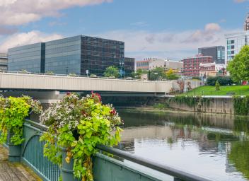 City skyline of Lansing, Michigan along the Grand River