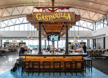 bar shaped like a pirate ship with sign for Gasparilla Bar