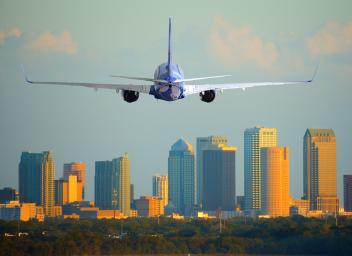 Aircraft with downtown Tampa in background