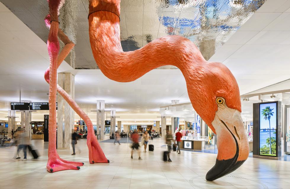 Phoebe the flamigo a 21-foot sculptural of flamingo head, neck, legs, and feet. Official title is Home. 