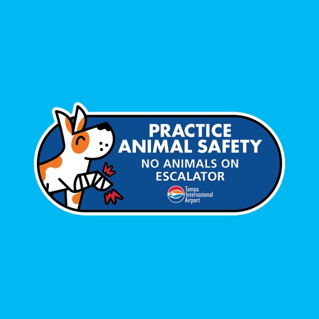 stylized drawing of a dog with a bandaged paw. Practice Animal Safety - No Animals on Escalator - Tampa International Airport