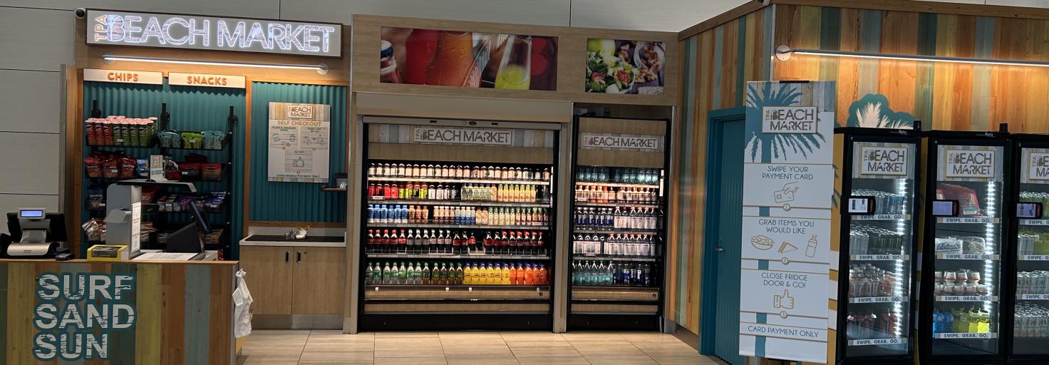 beachmarket storefront showing beverages, snacks and self checkout